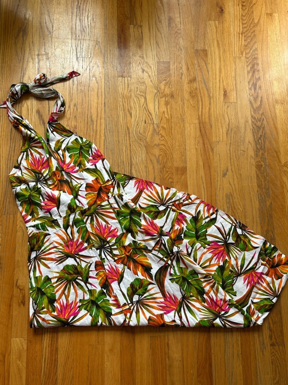 Tropical Halter Maxi Dress in White with Pink & Green Floral Print